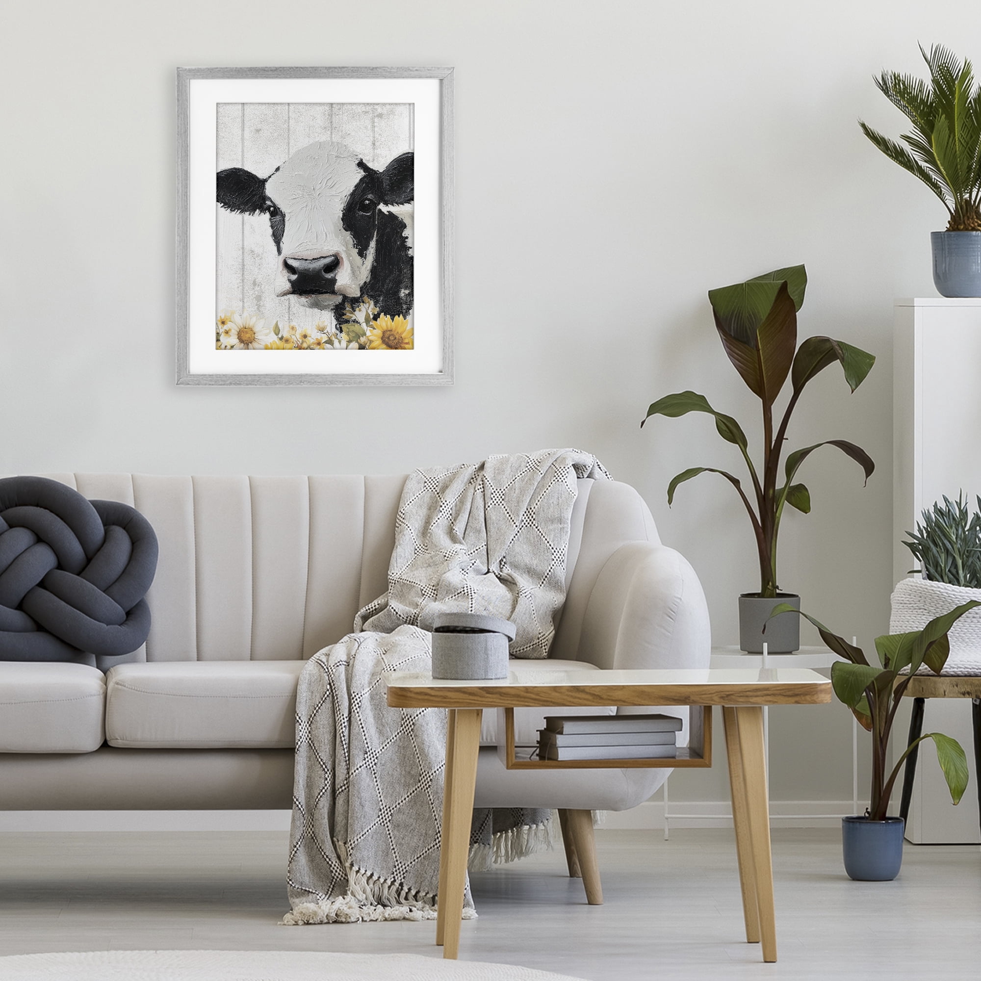 Stupell Industries Cow and Sunflowers Gray Framed Print Under Glass, design by Christine Simpson Art