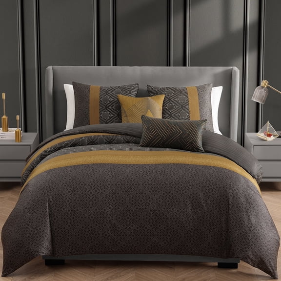 Bebejan Golden Hex 5 Piece Comforter Set, Queen, 100% Cotton Sateen, Reversible, All Season, Cozy Comfort