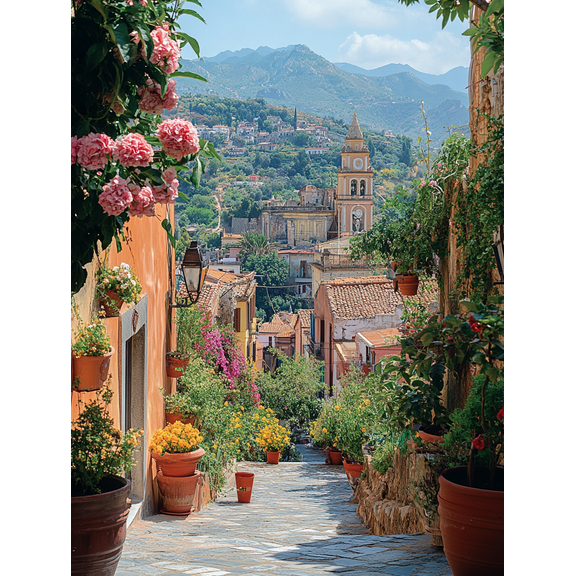 Italian Village Flower Street Canvas Print/Wall Art Perfect for Living Room Dining Room Kitchen and Decoration.