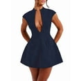 thumbnail image 2 of Women'S Summer Sexy- Cap Sleeve Deep V Neck Zipper A-Line Mini Dress Hollow Bodycon Night Out Party Dress Navy Blue S, 2 of 7
