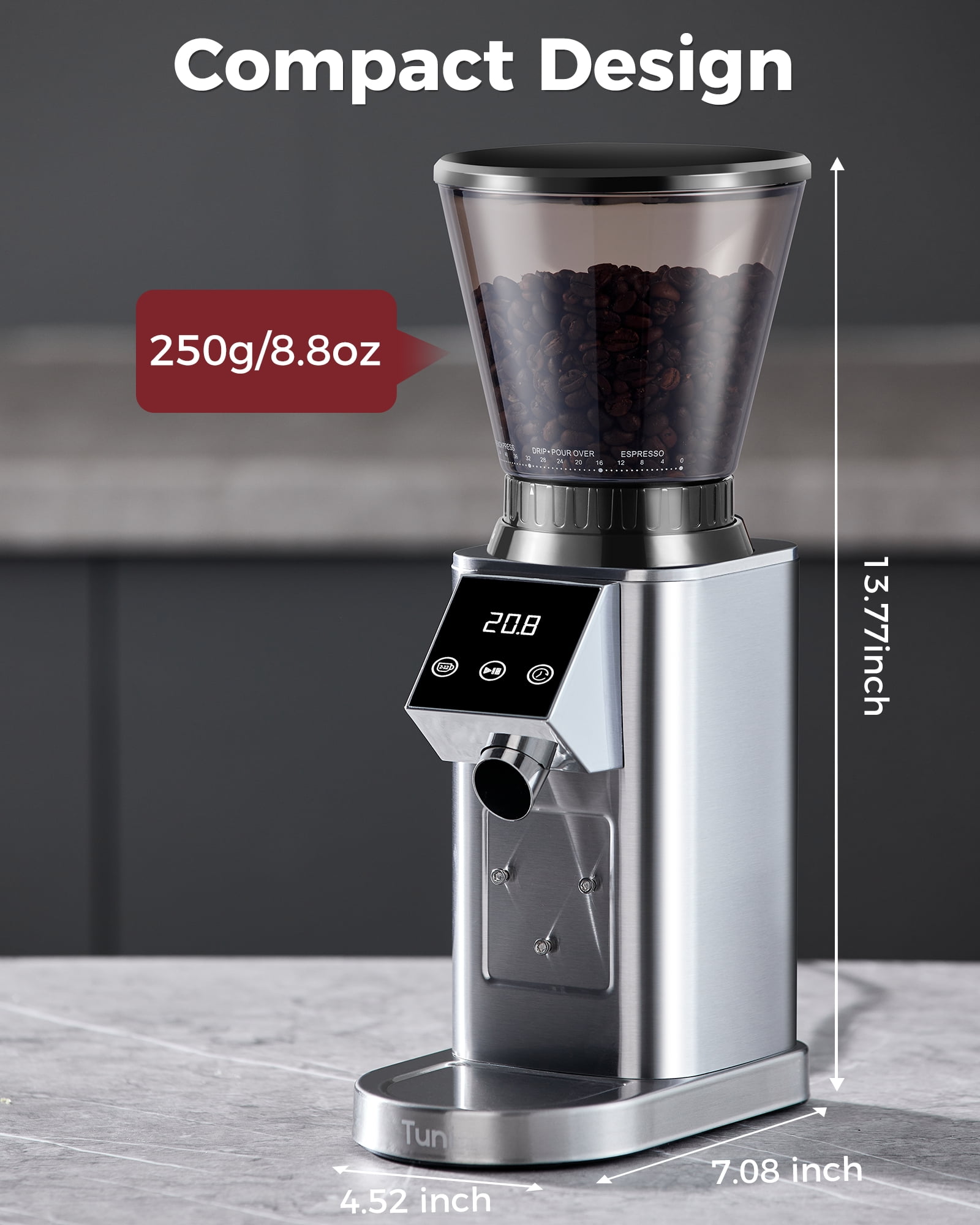 Tuni G1 Conical Burr Coffee Grinder, 48 Grind Settings Anti-static Burr Mill, Precision Electronic Timer and LED Touchscreen for Espresso/Drip/Cold Brew/French Press, Stainless Steel, Silver