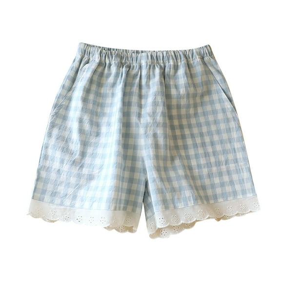 Tnhcen Lace Trim Plaid Sleep Shorts for Women Lightweight Loose Fit Casual Pajama Shorts with Soft Breathable Fabric M-XL