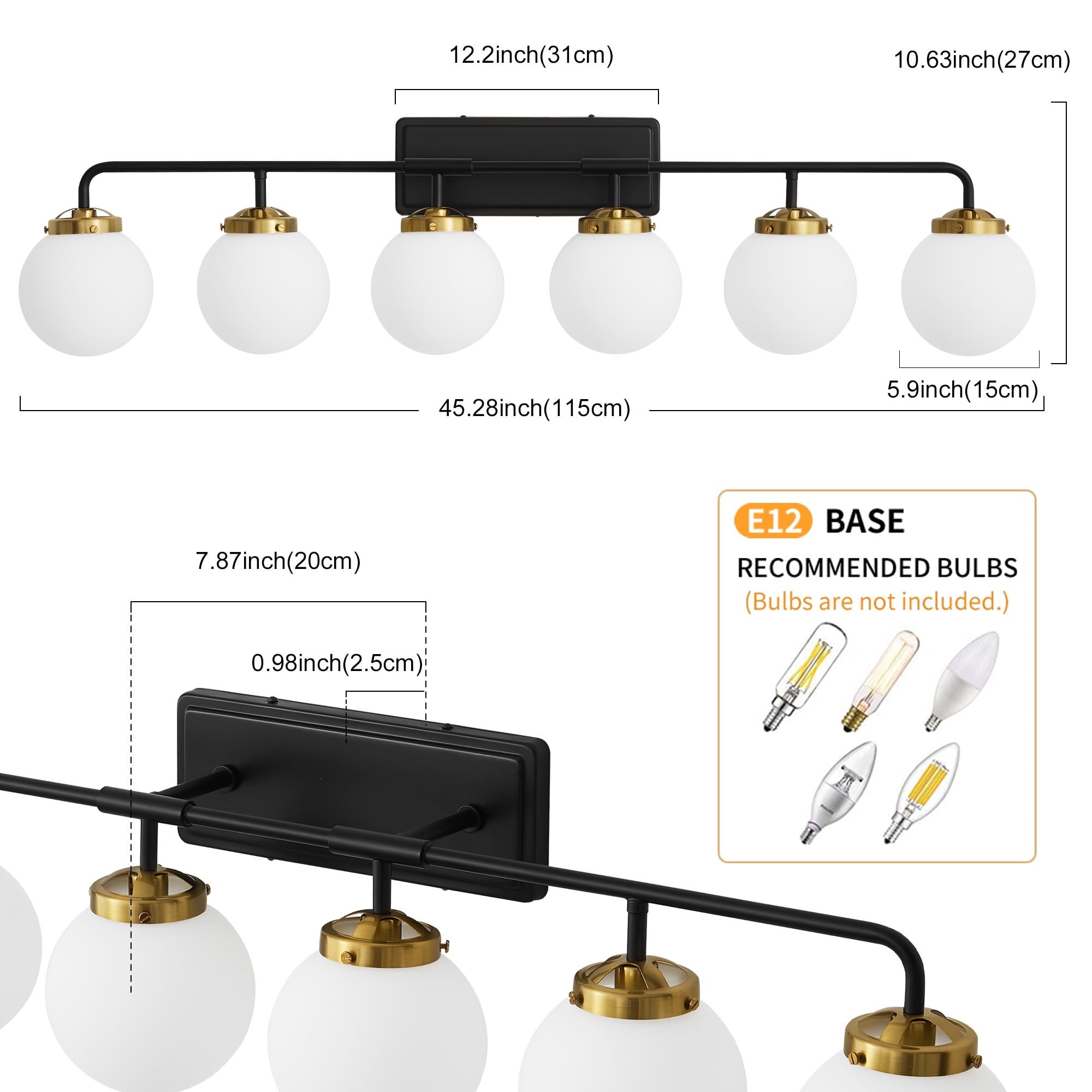 Deyidn 6-Light Modern Vanity Light, Black and Gold Bathroom Light Fixture with Milk White Glass Globes, 45 Inch Bathroom Wall Sconce for Mirror