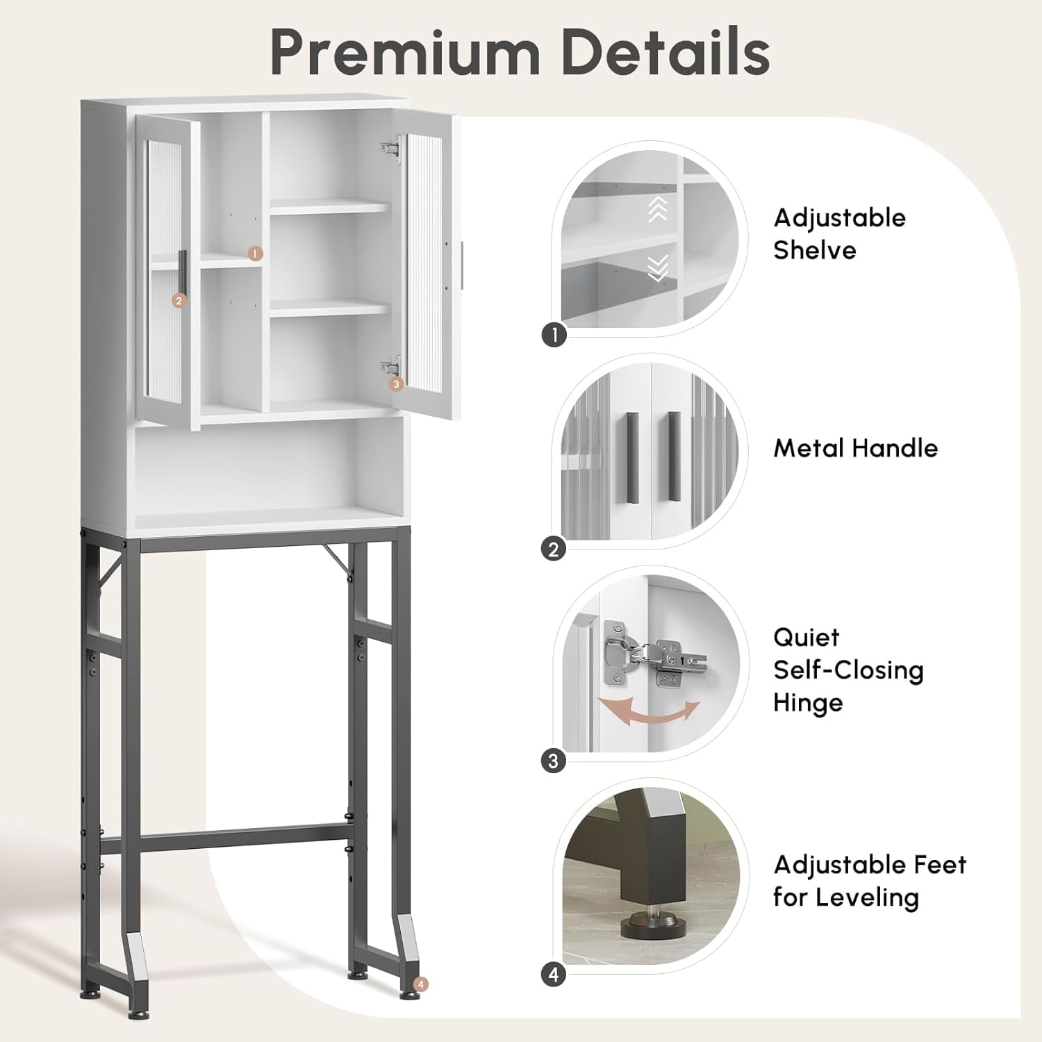 Fil-fresh Over The Toilet Storage Cabinet, Bathroom Organizer with Tempered Glass Doors, Thicken Metal Stand & MDF Wood, Freestanding Space Saver, White