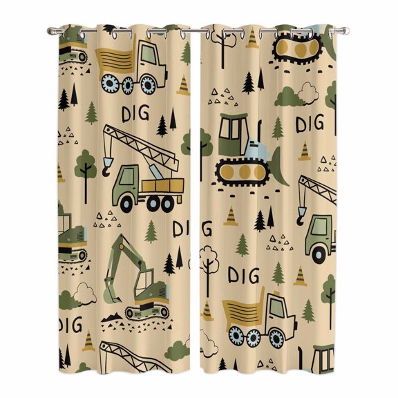 Cartoon Tractor Kitchen Curtains Window Panels, Cute Digger Shovel Truck Car Khaki Insulated Window Treatment Curtain, Grommet Curtains for Bedroom/Living Room/Bathroom, 2 Piece 42"Wx84"L