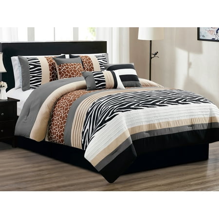 Giraffe Comforter Set 7-Pc Chobe Zebra Giraffe Safari Animal Pleated Stripe Comforter Set Black White Gray Brown Sand Queen ()