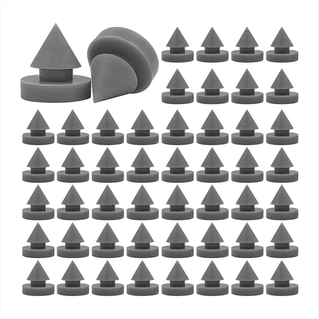 100 silenciadores de goma para puertas, anticolisión, resistentes, con bisagras de goma de 1/2 pulgada. Paquete de 100 topes cónicos grises de caucho para manijas y bisagras; vista frontal con filas de piezas cónicas y base plana, superficie texturizada sin rebabas, diámetro inferior aprox. 12 mm y cono superior aprox. 8 mm. Diseñados para absorber golpes y reducir ruido en puertas interiores; suelen usarse en tareas de ferretería para reemplazo rápido mediante inserción y apriete.