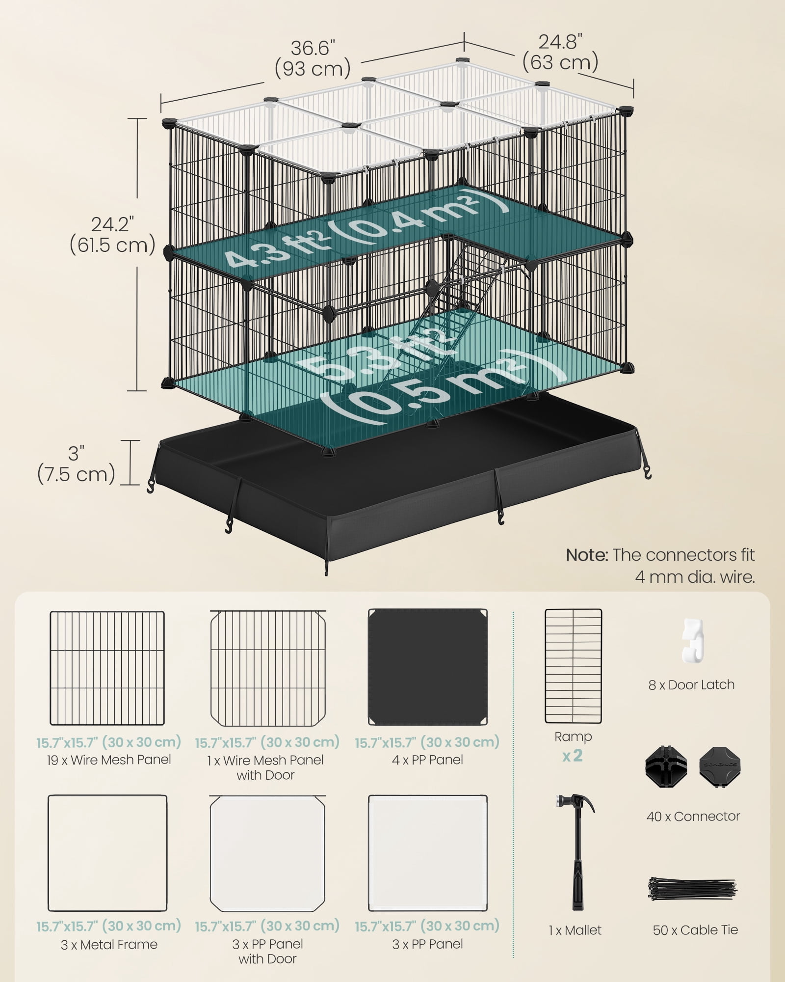 SONGMICS 2-Tier Guinea Pig Cage, Rabbit Cage, Small Animal Playpen with Waterproof Mat, Top and Side Door, 35 Panels, Ink Black