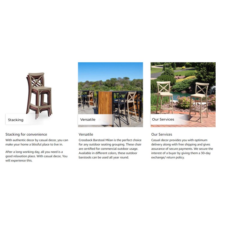 Casual Decore Milan Patio Crossback Barstool - Set of 4, Outdoor 