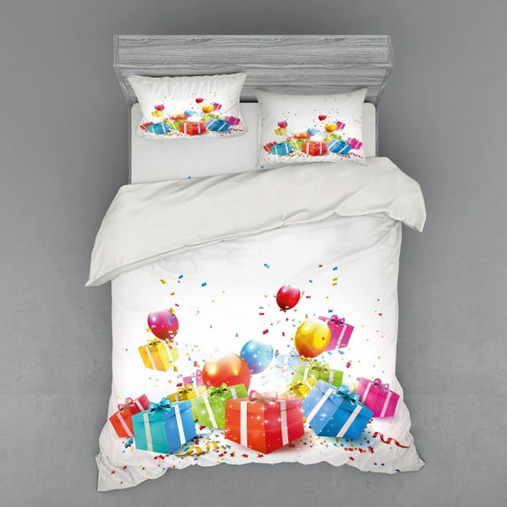Ambesonne Birthday Bedding Set 4 Pcs, Colorful Boxes Balloons, Queen, Multicolor