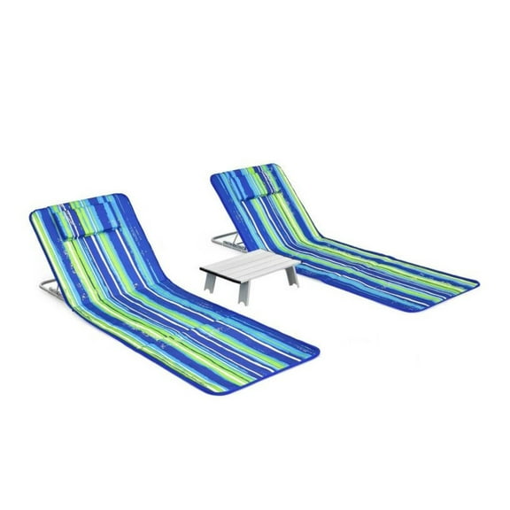 FASCK 3-Piece Beach Lounge Chair Mat Set, 2 Adjustable Lounge Chairs with Side Table, Outdoor Recliners for Pool, Patio, Striped Design
