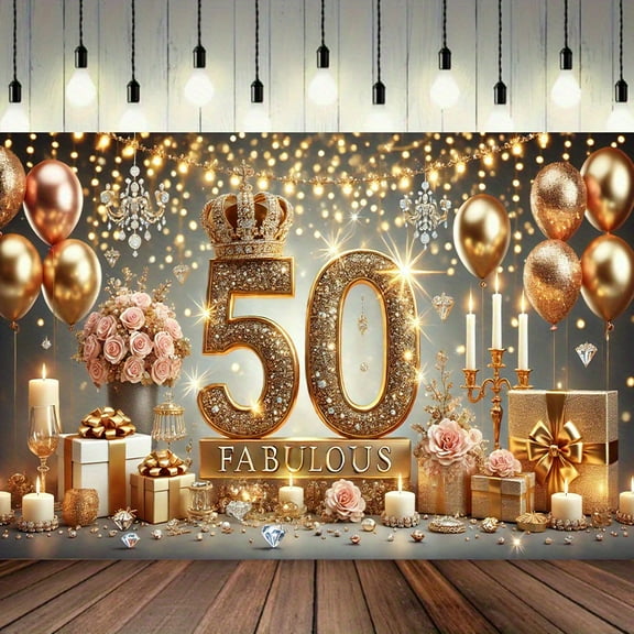50th Fabulous Happy Birthday Party Backdrop Decorations for Women Glitter Diamond Happy Birthday Party Supplies Elegant Balloon and Flower Photography Background Celebration Event