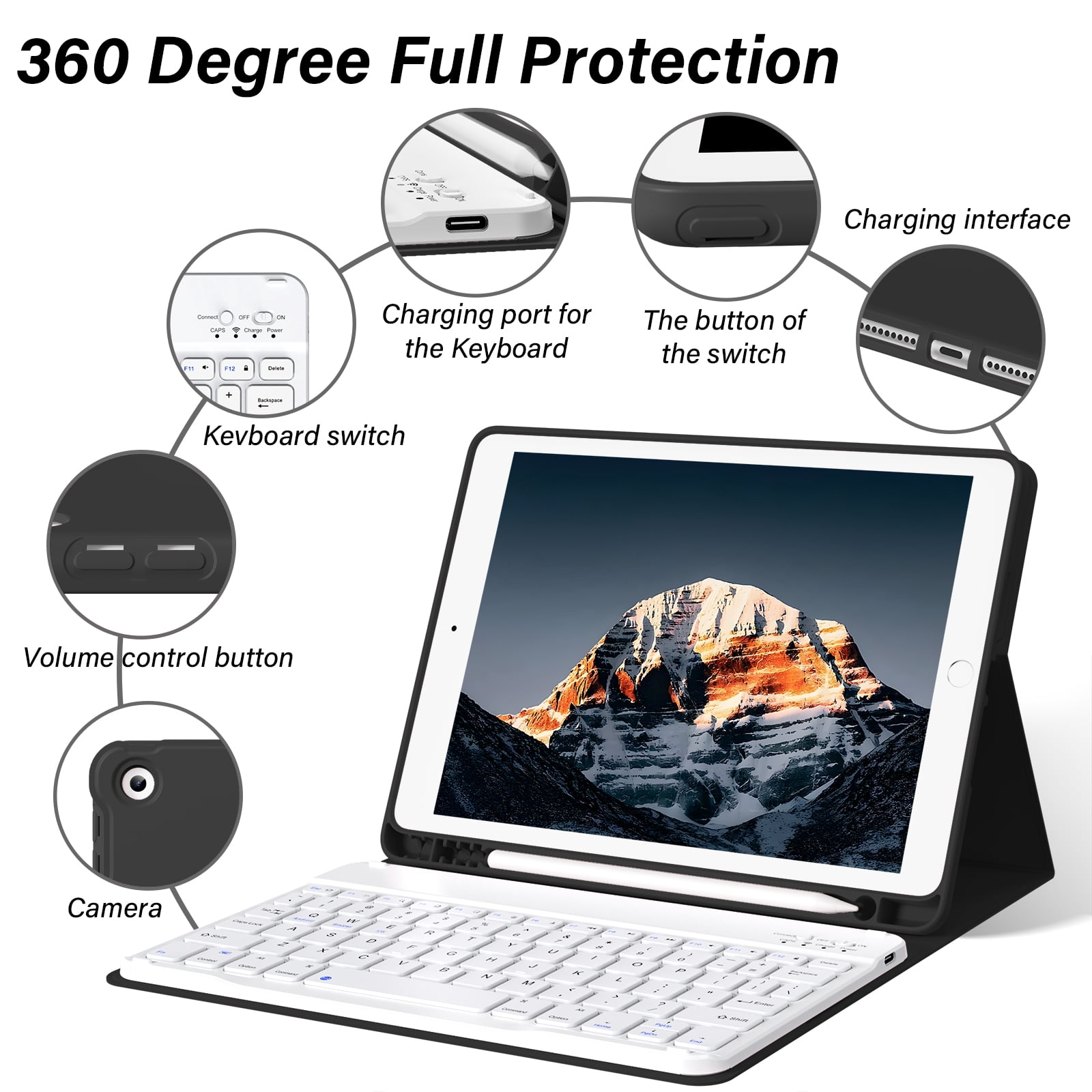 KenKe Keyboard Case for iPad 9th Generation 2021/8th Gen 2020/7th Gen 2019 10.2 Inch, Detachable Wireless Bluetooth Keyboard, Stand Folio Keyboard Cover with Pencil Holder, Auto Sleep/Wake, Black