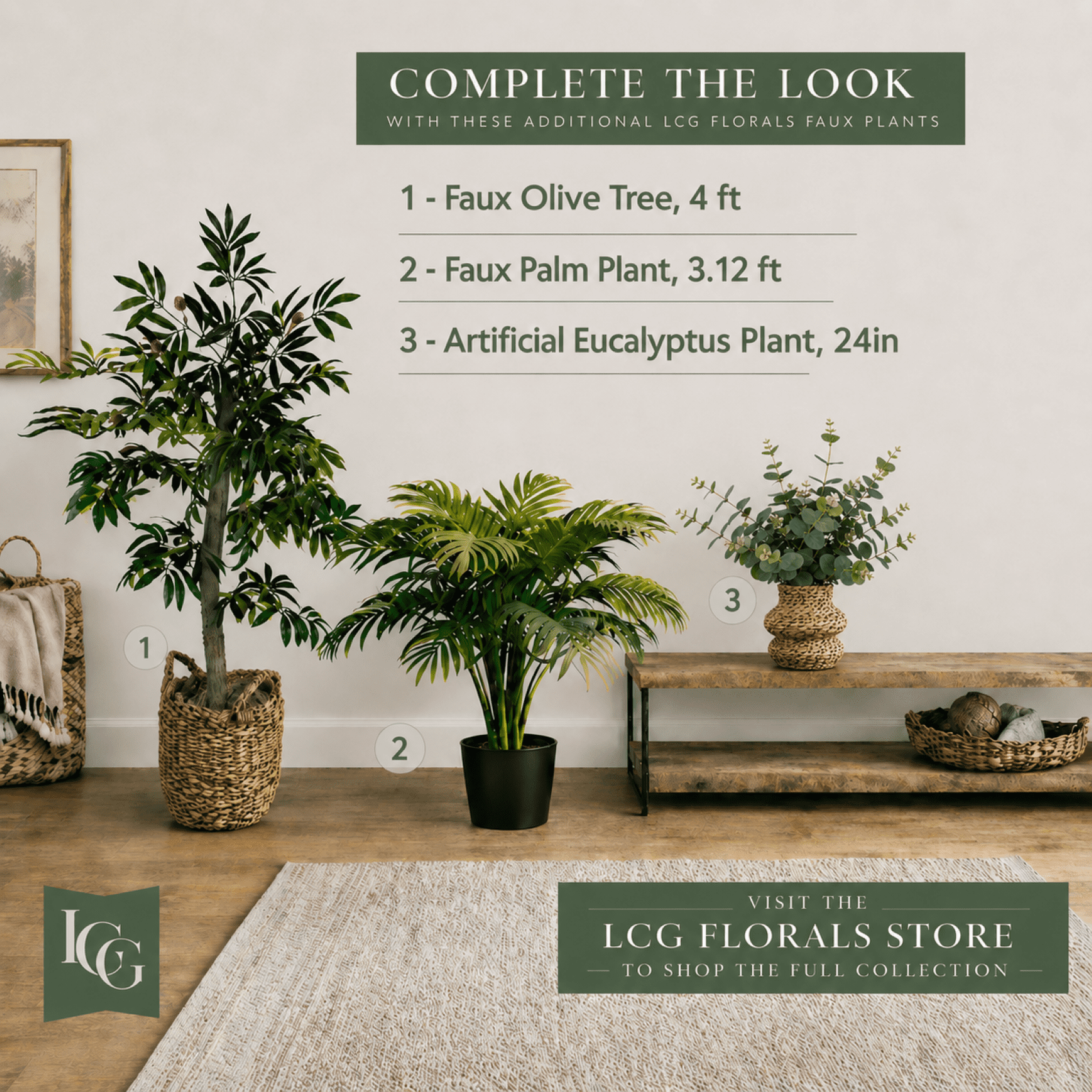 Artificial Plant, 24in Artificial Eucalyptus Plant in a Woven Tiered Basket by LCG Florals, Fake Indoor Faux Plant for Living Room, Office, and Home Decor