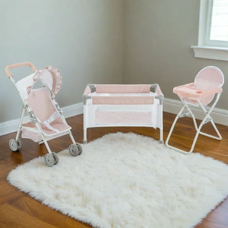 Olivia's Little World Polka Dot Princess Baby Doll 3pc Nursery Set - Crib, Highchair & Stroller, Pink & Gray