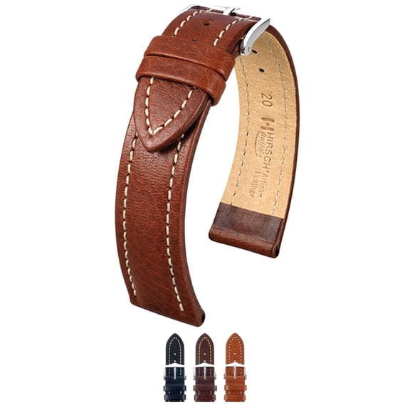 HIRSCH Buffalo Textured Calf Leather Watch Strap - Golden Brown Band / Silver Buckle - L - 24mm