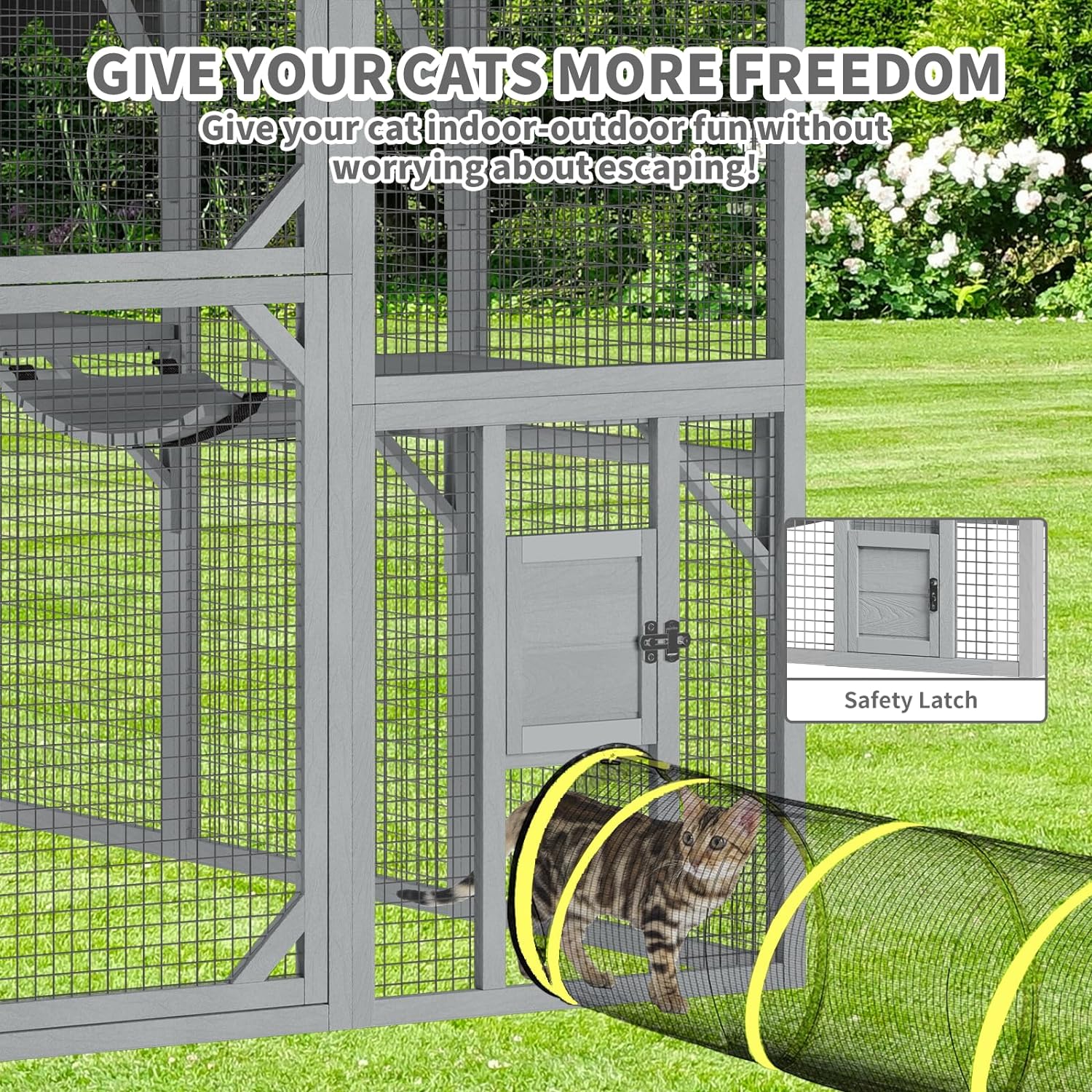 Akaber 112'' Catio Outdoor Cat Enclosure Super Large Wooden Catios for Cats Patio with Waterproof UV Protection Canopy, Outside Cat Run Enclosure Condon with Platforms, Small Houses, Bridges