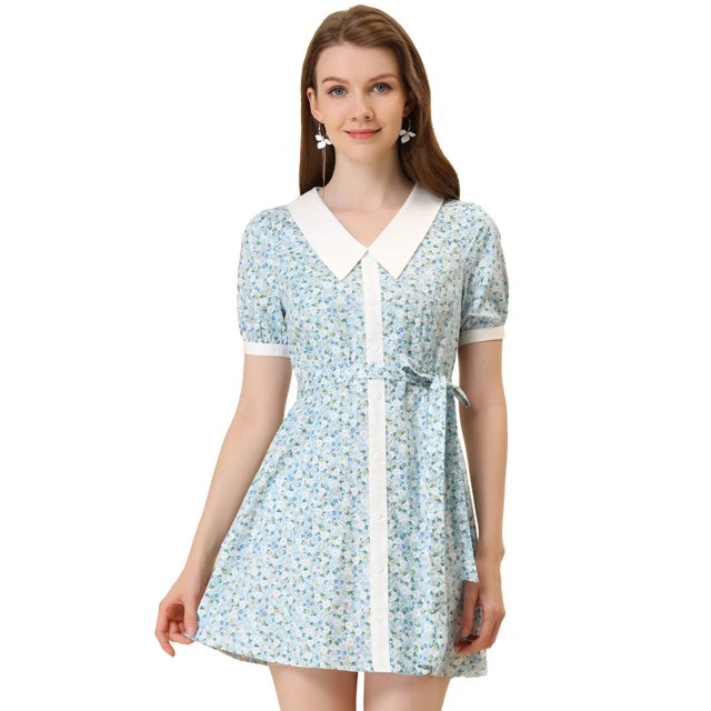 INSPIRE CHIC Robe Florale pour Femmes Col Pointu Boutonnée Ceinturée Robes d'Été Bleues m