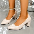 thumbnail image 2 of Women's Pointed Toe Pumps Leather Chunky Block Low Heels Dressy Shoes Comfortable Slip On Wedding Bride Shoes, 2 of 7
