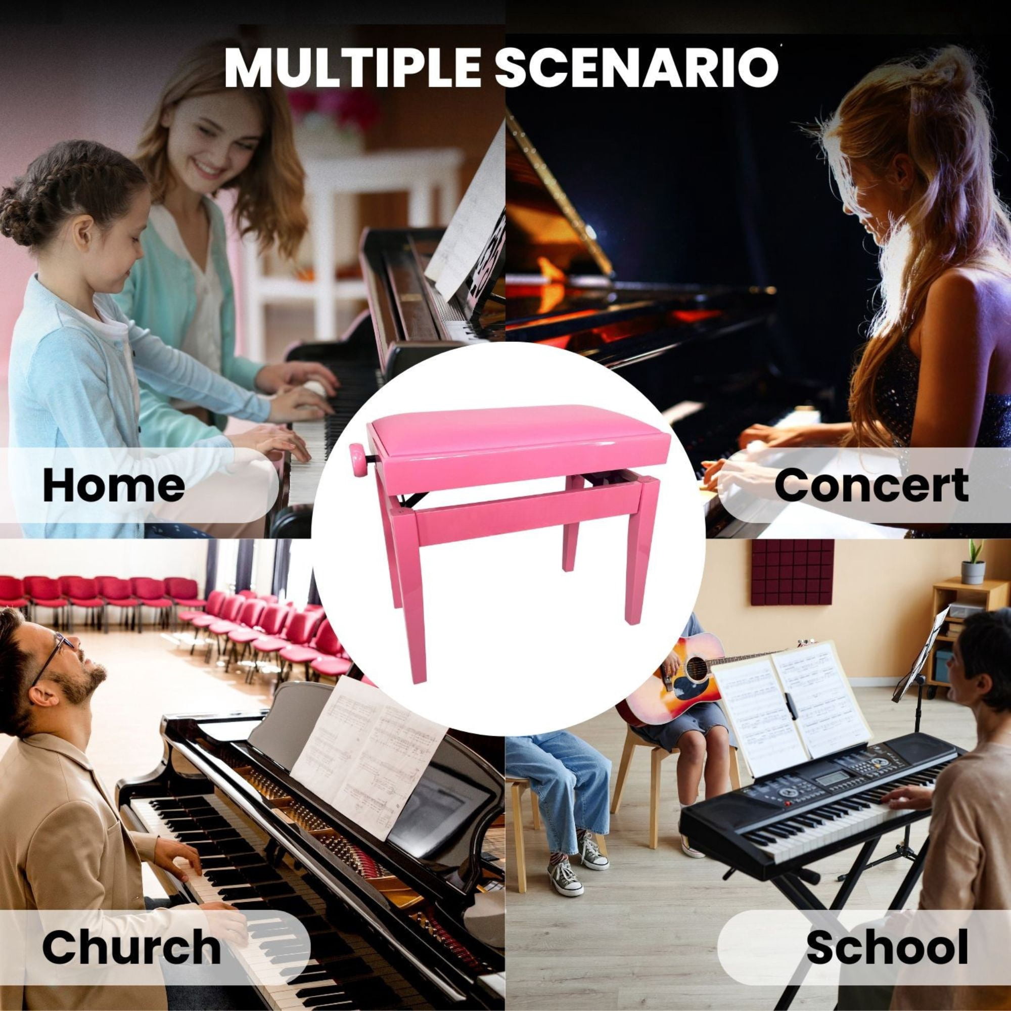 Adjustable Piano Bench - Padded Solid Wood Keyboard Stool (18"-22") - Pink
