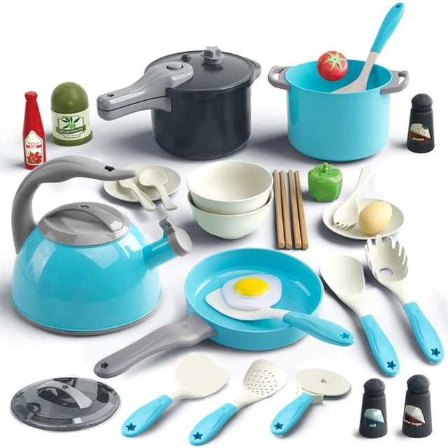 Juego de juguetes Play Kitchen Bruvoalon, 32 piezas, con ollas, sartenes y utensilios