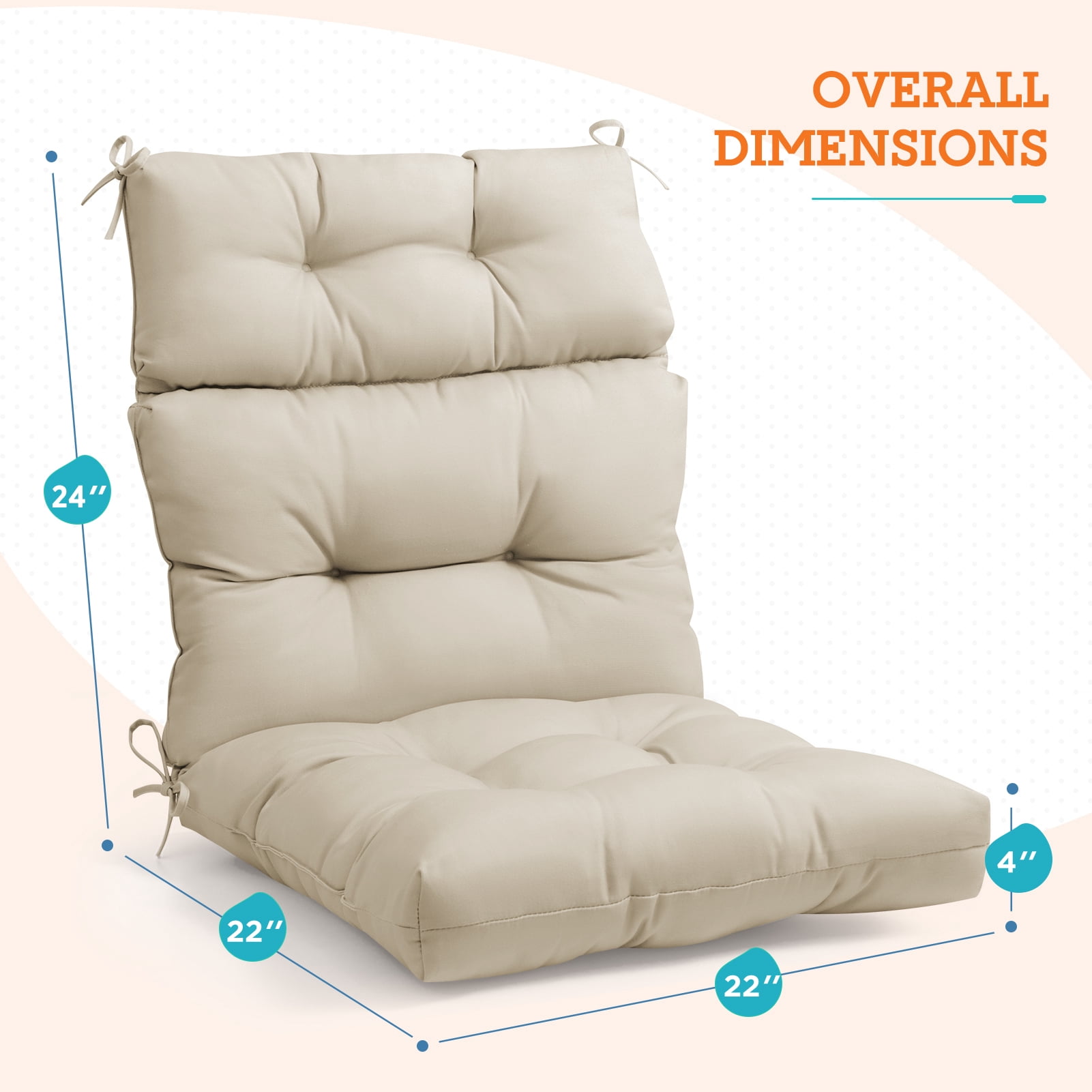 EAGLE PEAK New Tufted Outdoor/Indoor High Back Patio Chair Cushion, Set of 2, 46 x 22 in, Beige