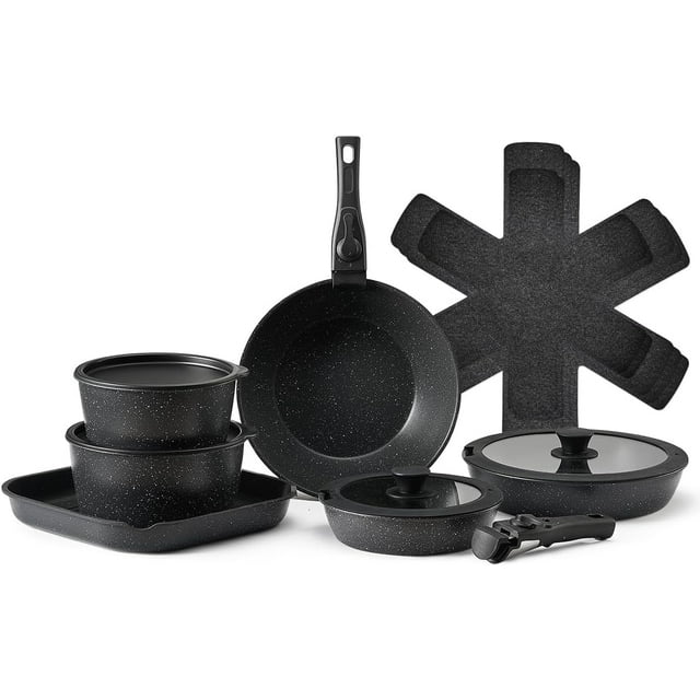 VEVOR Ensemble de 17 Pcs de Casseroles et Poêles, Poignée Antiadhésive en Granit, Ustensiles de Cuisine à Induction Gain de Place, Ensembles de Cuisson pour RV avec Poêle, Sauce, Sauté, Couvercle en Verre Trempé, Compatible Four, Noir