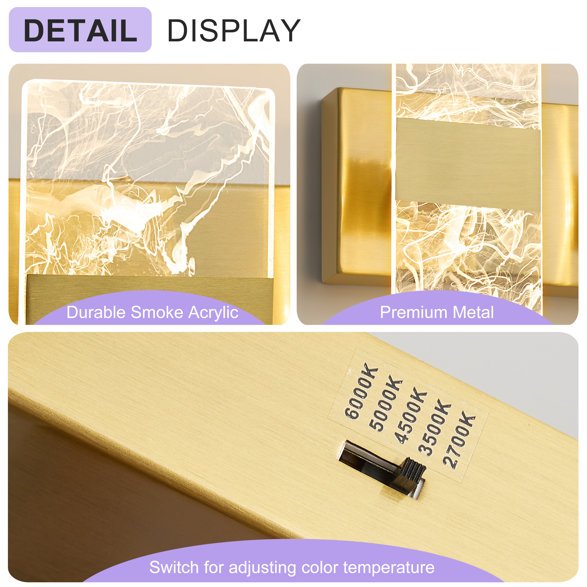 Deyidn 3-Light Gold Dimmable LED Bathroom Vanity Light, 16.54-Inch Modern Wall Mirror Light for Vanity Mirror and Powder Room