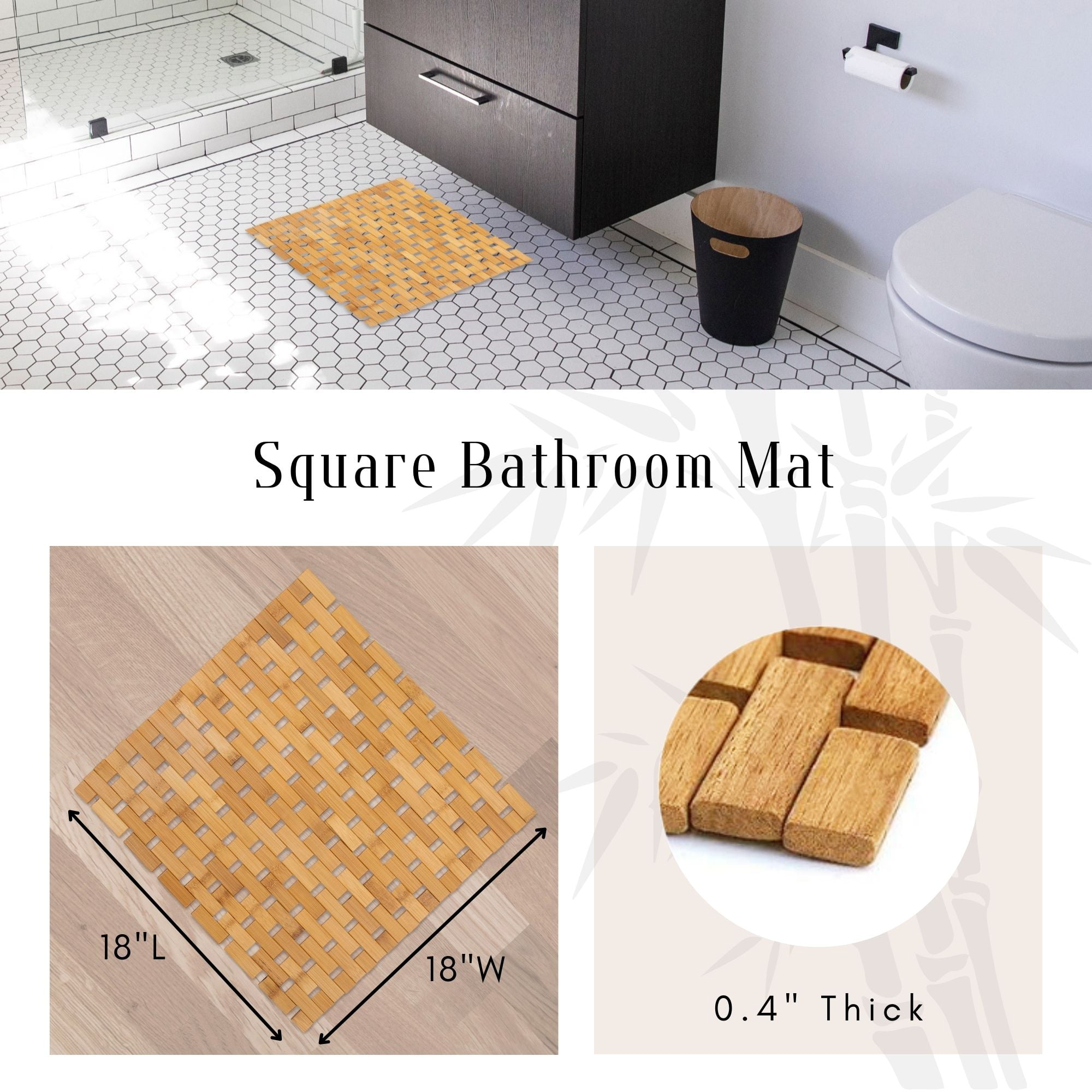 Evideco French Home Goods Square Natural Bamboo Bathroom Mat - Non Slip Bath Mat - Perfect for Shower, Spa, Sauna and Bathroom Decor - Foldable Duckboard, 18 x 18 inches, Light Brown