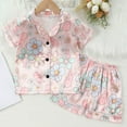 thumbnail image 2 of Girls Satin Pajamas Toddler Girls Floral Silk Pajamas Set Summer Short Sleeve Button Up Top Shorts 2Pc Satin Sleepwear Set Pajamas for Girls Light Pink 2 Years-3 Years, 2 of 7