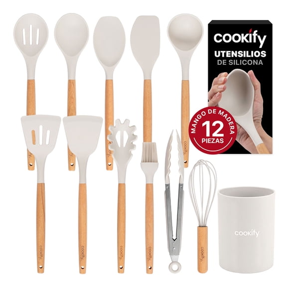 Juego de Utensilios de Cocina Silicona y Madera Accesorios para Cocinar, 12 pzas (Marfil)