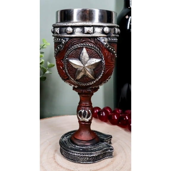 Western Stars And Horseshoes Floral Scroll In Faux Tooled Leather Wine Goblet