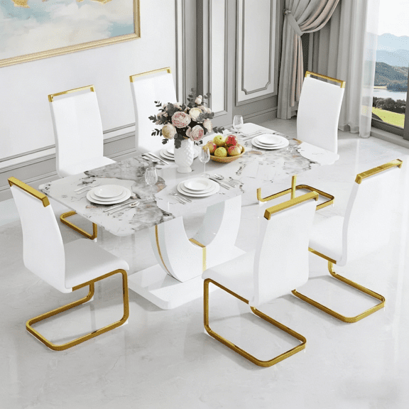 JUFU 71" Modern Dining Table Set for 6, Faux Marble Dining Table with White PU Leather Chairs and Gold Legs, Elegant Dining Room Set for Kitchen & Living Room