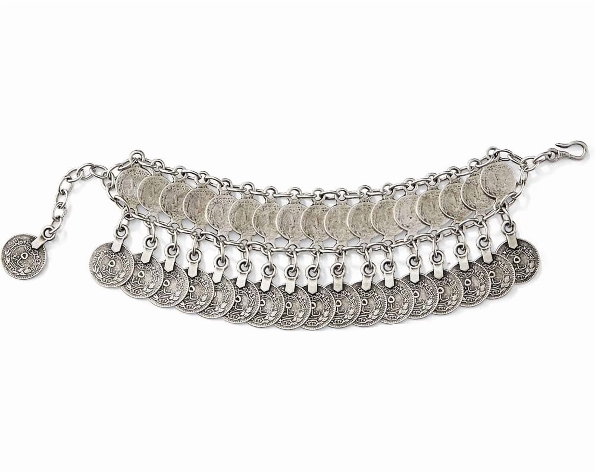 SAGEFINDS Pewter Coin Bracelet, Boho Gypsy Tribal Statement Jewelry, Belly Dance Charm Bracelet