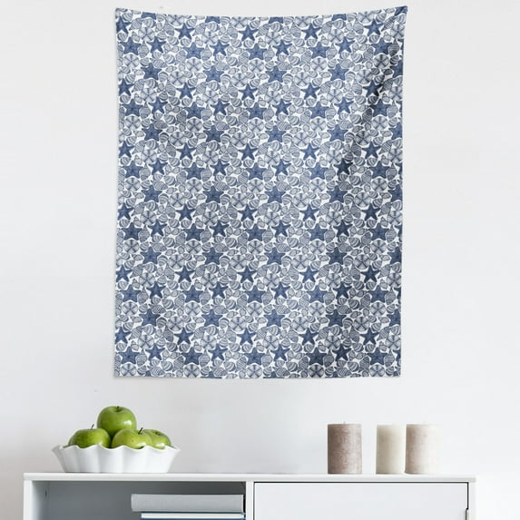 Blue and White Tapestry, Starfishes Shells and Sea Urchins Monochrome Nautical Illustration, Fabric Wall Hanging Decor for Bedroom Living Room Dorm, 5 Sizes, Dark Blue and White, by Ambesonne
