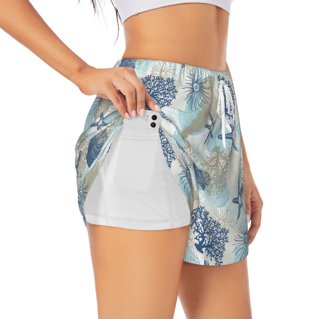 Balery Algae Corals and Seashells Pantalones cortos deportivos para mujer con forro y dos bolsillos, elásticos, para entrenamiento, gimnasio, yoga-X-Large