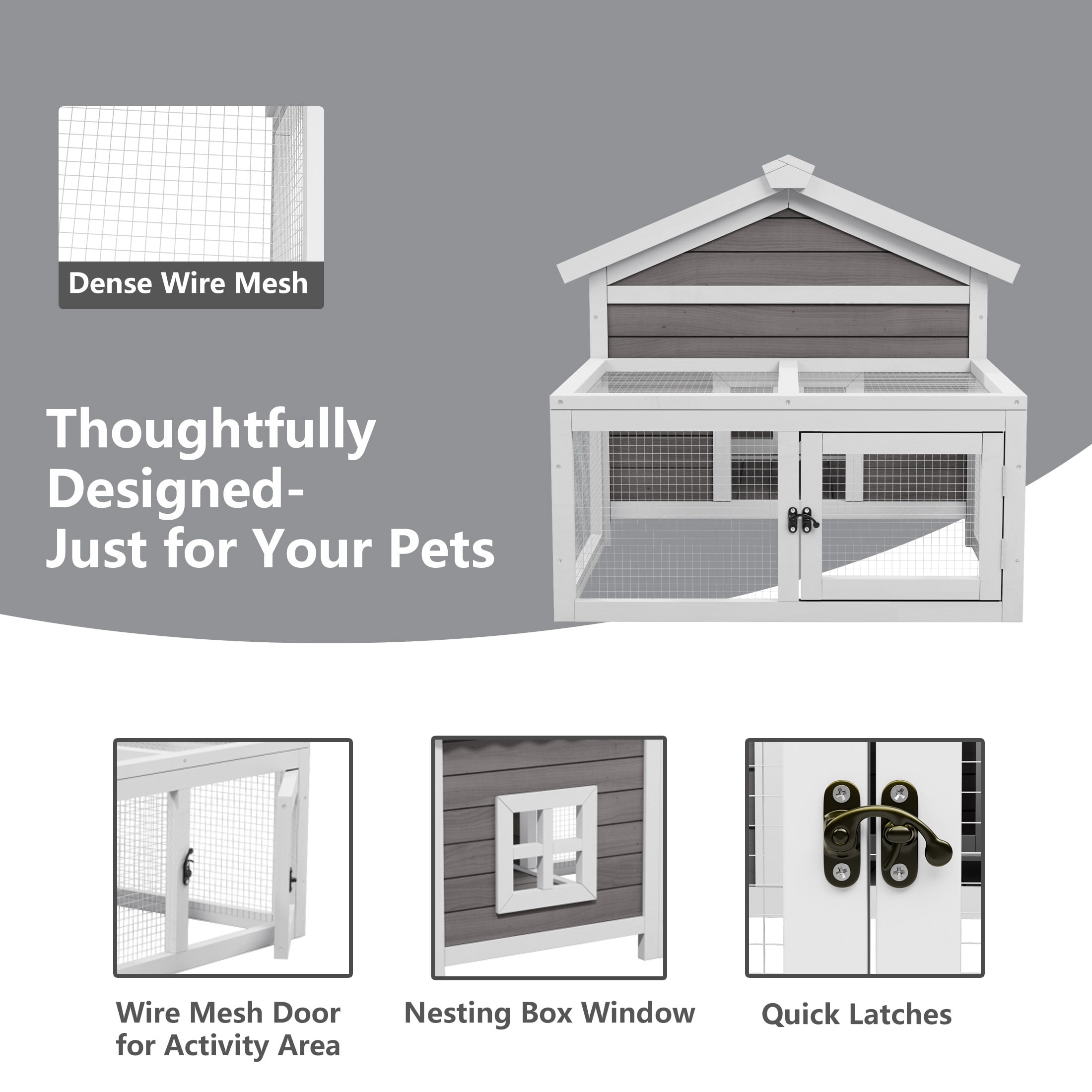Indoor Wooden Rabbit Hutch with Wire Mesh Run,Outdoor Predator Proof Critter Cage,2 in1 Weatherproof Guinea Pig Hideout, Grey