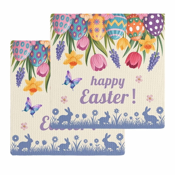 Easter Kitchen Dish Towels for Drying Dishes Set of 2, Tulip Flowers Spring Easter Egg Bunny Butterfly Beige Waffle Weave Microfiber Hand Tea Bathroom Towels Quick Dry & Absorbent Towel 12x12