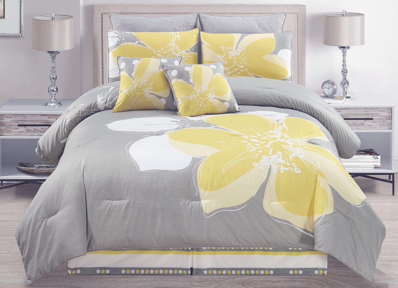 10 - Piece Yellow Grey White floral Bed-in-a-bag TWIN Size Bedding