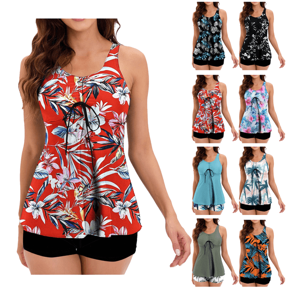 Tankini Swimsuits for Women Loose Drawstring Split Swimsuit Womens Two Piece Bathing Suit Tank Tops Beach Swimdress
