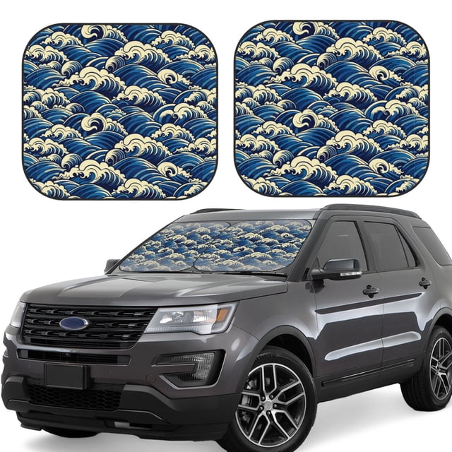 Vsdgher Japanese Water Wave Print Car Windshield Sun Shade, Reflective Sunshade Window Sunshade Sun Visor Protector Fit for Cars,Trucks,SUVs-Small