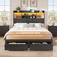 thumbnail image 6 of Mabor Farmhouse Queen Bed Frame with Bookcase Headboard & 6 Drawers, Rustic Wooden Bed Frame Queen Size with Charging Station and LED Lights, Bed with Metal Slats Support,No Box Spring Needed,Black, 6 of 8