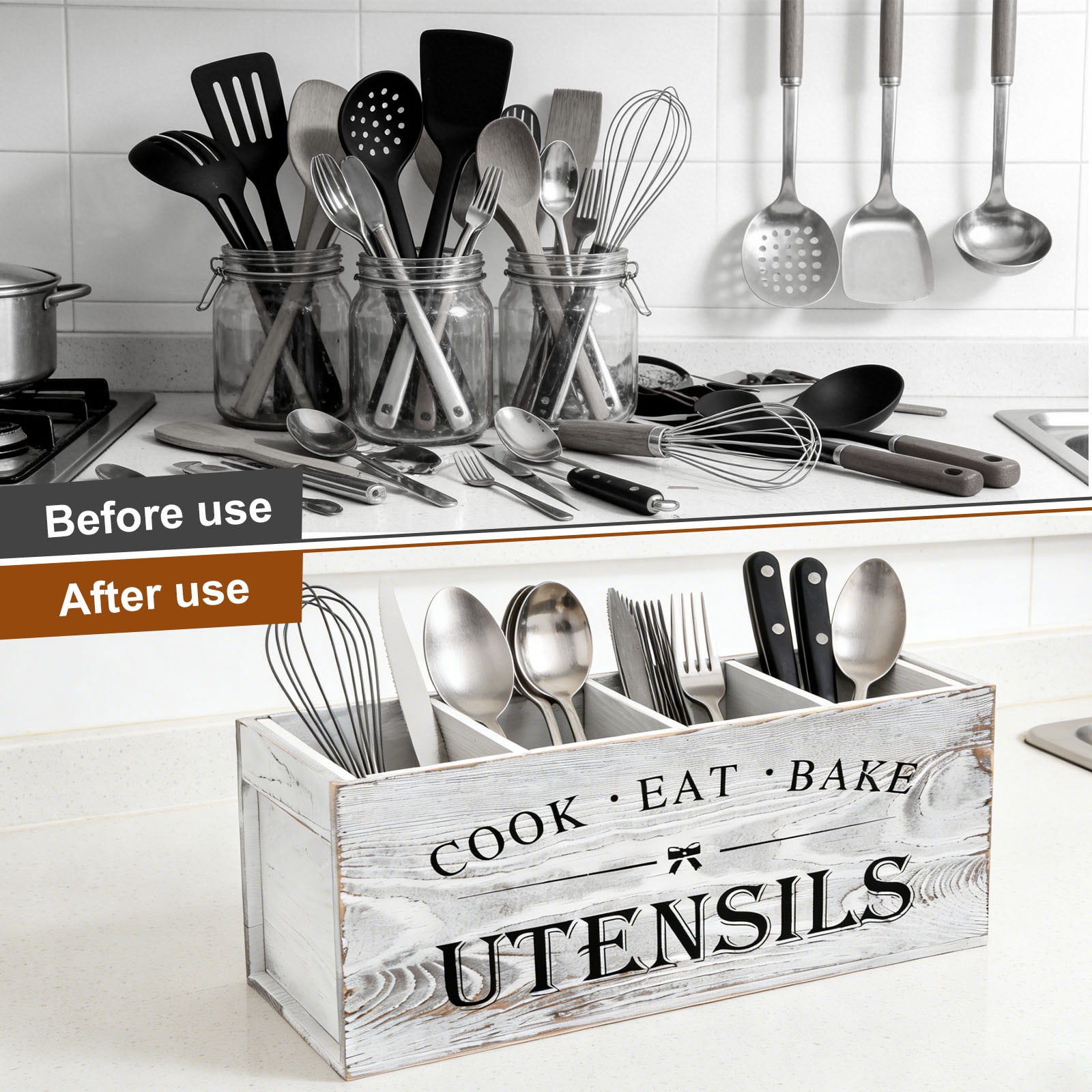 Ihvewuo Wooden Utensil Holder Sturdy Kitchen Cooking Utensil Organizer with 4 Detachable Compartment Utensil Crock Holder for Kitchen Countertop Farmhouse Kitchen Decor Black