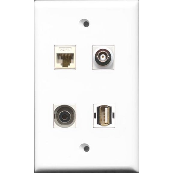 RiteAV 1 Port USB A-A and 1 Port 3.5mm and 1 Port BNC and 1 Port Cat6 Ethernet White Wall Plate