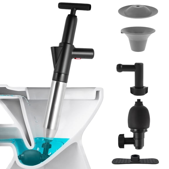 Toilet Plunger with 3 Plunger Head Stainless Steel Drain Clog Remover Tool High Pressure Air Drain Blaster with Real Time Barometer Powerful Plunger for Bathtub Floor Drain Kitchen Sink Washbasin