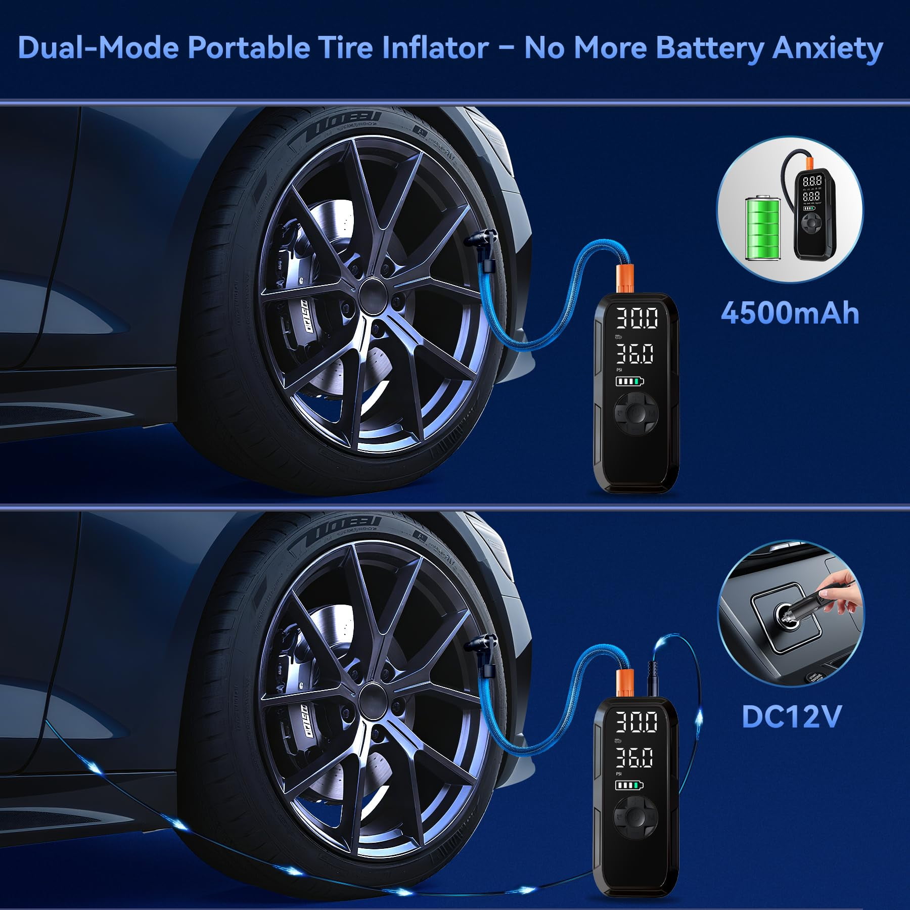 Cordless Portable Tire Inflator, 150 Psi Digital Pressure Gauge, 4500mAh Long Range Battery, Air Compressor for Car Tires with Automatic Shutoff, Emergency LED Light, Compact Automotive Pump