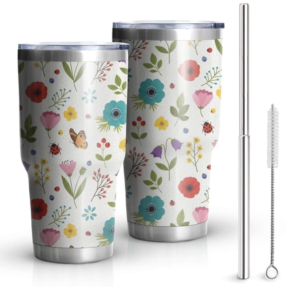 30oz Pioneer Flower Floral Print Pattern Tumbler, Double Wall Vacuum Insulated Cup, BPA-Free Leak Proof Lid & Reusable Straws, Hot 12h, Cold 34h
