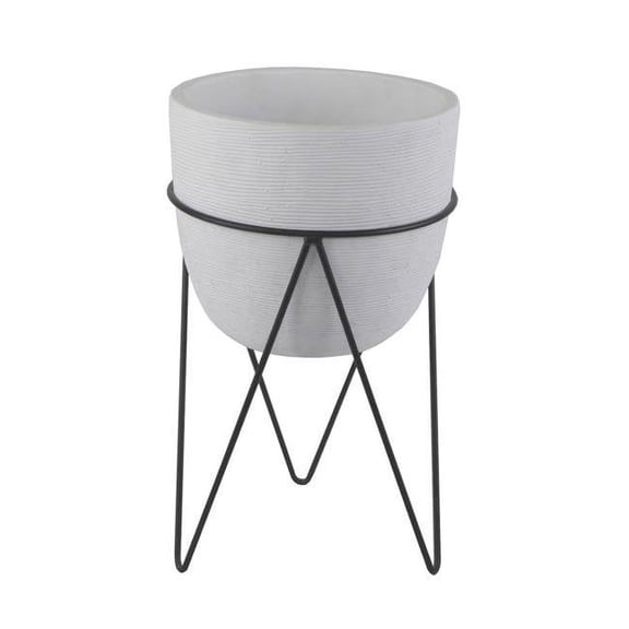 Flora Bunda Inc Mid-Century Cement Planter with Black Metal Stand White