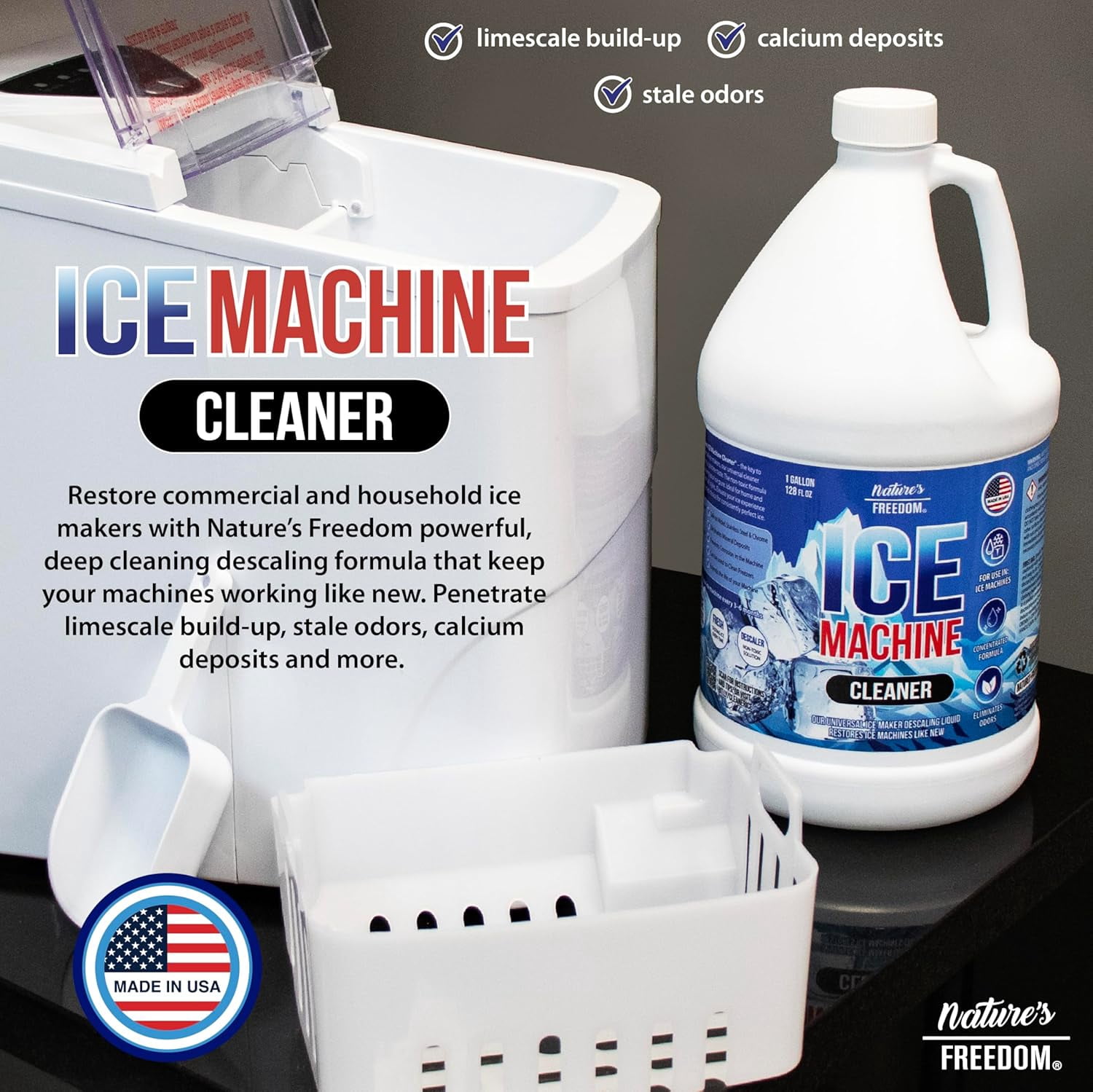 Nature's Freedom Ice Machine Cleaner, 1 Gallon, Nickel-Safe Descaler for Commercial and Residential Ice Makers, 32 Uses