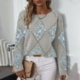 thumbnail image 5 of QSAWXQZ Women's Argyle Knit Sweater Sequin Hollow Out Crew Neck Long Sleeve Solid Pullover Top Gray L, 5 of 7